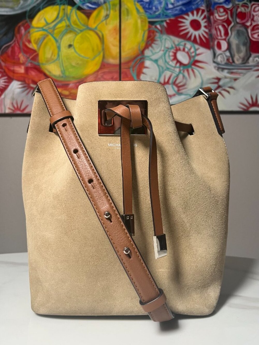 Michael Kors Collection Miranda Medium Suede Sand Bucket Bag